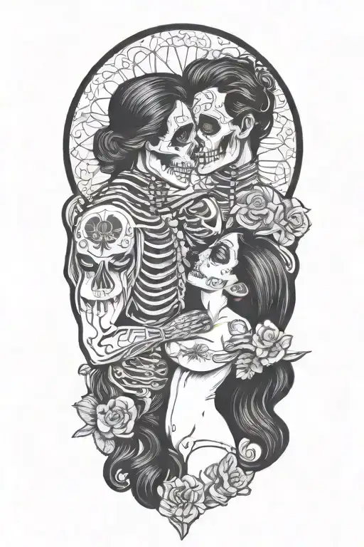 day of the dead. man and woman facing each other. woman  has long black hair, and cuddling into the man. no skeletons tattoo design idea