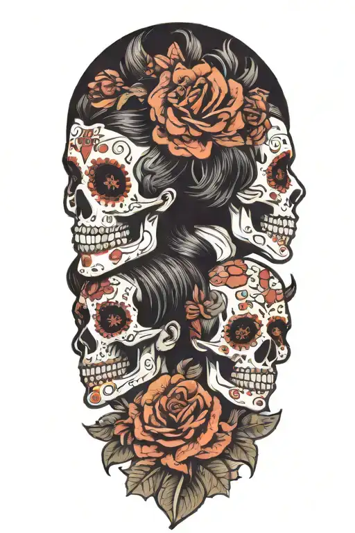 day of the dead. man and woman facing each other. the woman should have long black hair, the man should have a half bun tattoo design idea