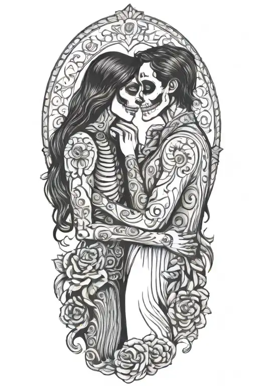 day of the dead. man and woman facing each other. woman  has long black hair, and cuddling into the man. no skeletons tattoo design idea