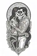 day of the dead. man and woman facing each other. woman  has long black hair, and cuddling into the man. no skeletons tattoo design idea
