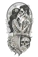 day of the dead. man and woman facing each other. woman  has long black hair, and cuddling into the man. no skeletons tattoo design idea