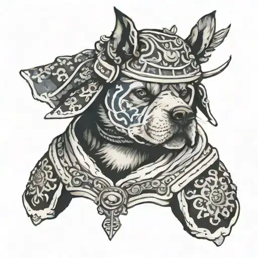 Dog wearing samurai helment tattoo design idea