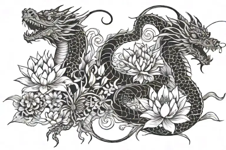 dragons, lotus flower, spider lily and Japanese style tattoo design idea