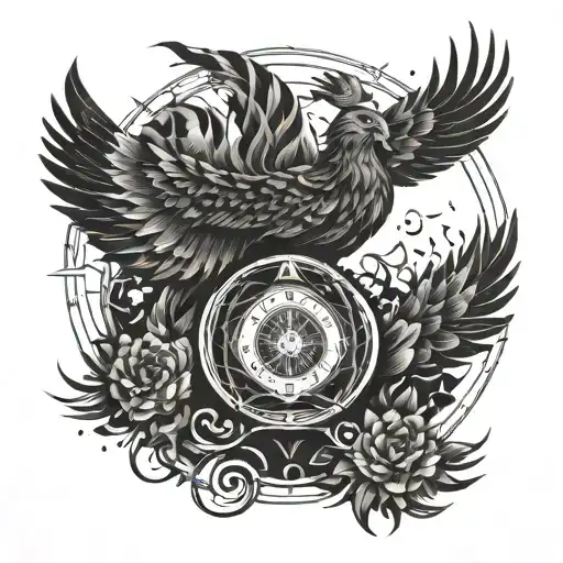 Phoenix rising from broken hourglass filled with ashes tattoo design idea
