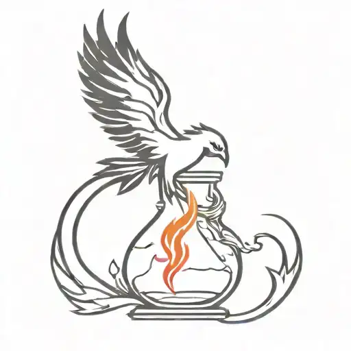 Phoenix rising from broken hourglass filled with ashes tattoo design idea