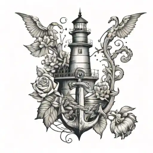 a ship anchor with a lighthouse on top, wrapped in vines and flowers tattoo design idea