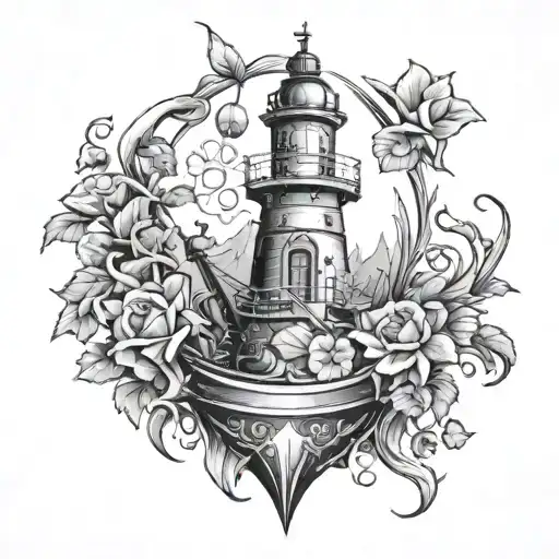 ship anchor with a lighthouse as a handle, wrapped in vines and flowers   tattoo design idea