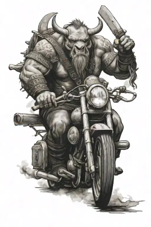 viking style rhino with smoke coming out of nose, riding a Harley Davidson, holding a double sided axe. tattoo design idea