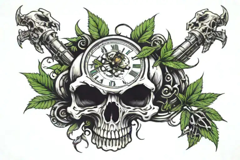 skulls, marijuana, clock face on 4:20 scorpion, in a place that looks like hell tattoo design idea
