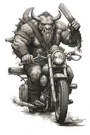 viking style rhino with smoke coming out of nose, riding a Harley Davidson, holding a double sided axe. tattoo design idea