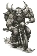 viking style rhino with smoke coming out of nose, riding a Harley Davidson, holding a double sided axe. tattoo design idea