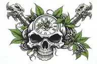 skulls, marijuana, clock face on 4:20 scorpion, in a place that looks like hell tattoo design idea