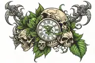 skulls, marijuana, clock face on 4:20 scorpion, in a place that looks like hell tattoo design idea