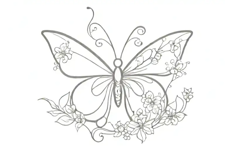 butterfly silhouette made of florals and jewels, symmetrical, no shading, henny style tattoo design idea