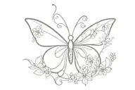 butterfly silhouette made of florals and jewels, symmetrical, no shading, henny style tattoo design idea