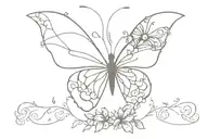 butterfly silhouette made of florals and jewels, symmetrical, no shading, henny style tattoo design idea