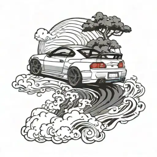 Incorporate the silhouette of a Nissan Silvia S15 with traditional Japanese waves and clouds tattoo design idea