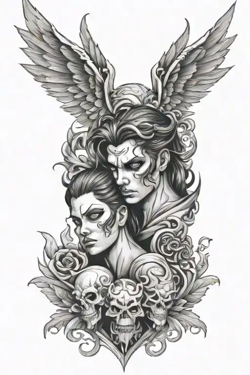 ángel and demon faces tattoo design idea