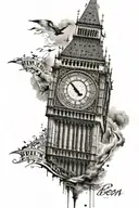 big ben clock tower with big ben text written underneath tattoo design idea