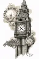 big ben clock tower with big ben text written underneath tattoo design idea