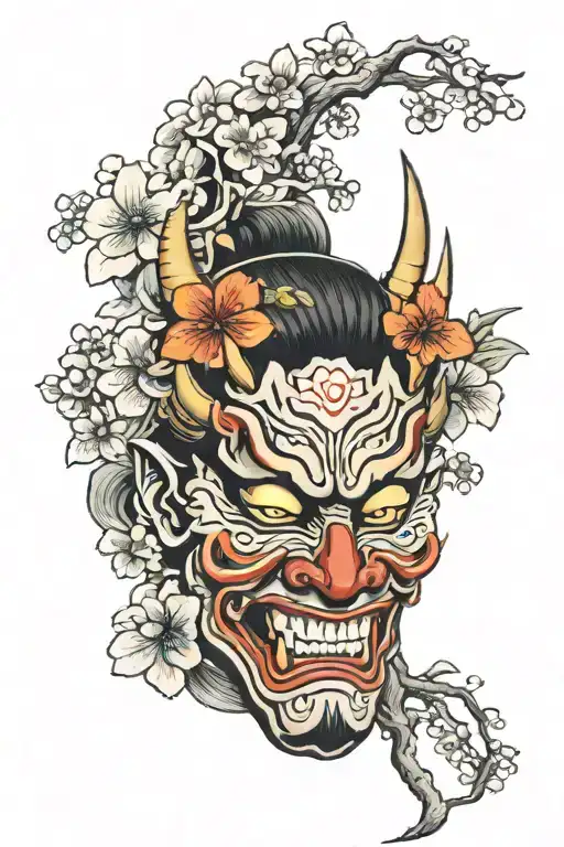 Traditional Hannya mask, sakura flower tattoo design idea