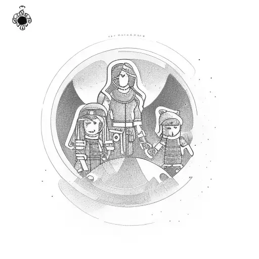 A circle in which a family (papa, mommy, son and pet dog) is sat  tattoo design idea