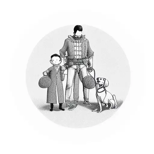 A circle in which a family (papa, mommy, son and pet dog) is sat  tattoo design idea