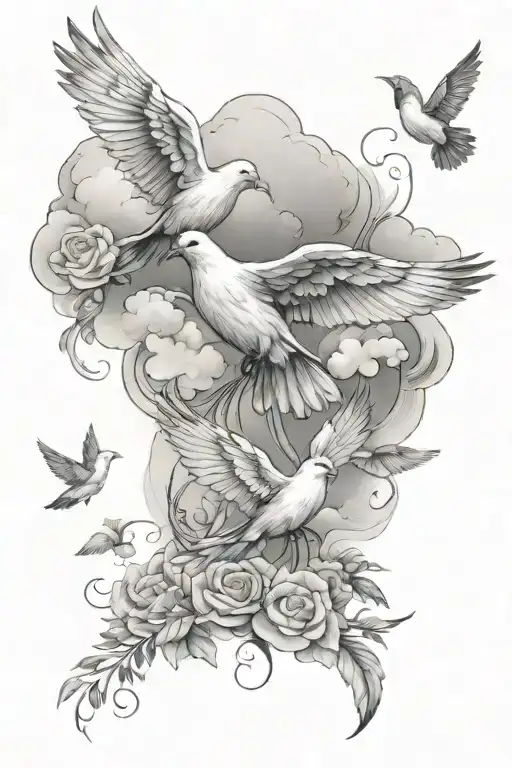 “Let all that you do be done in love" - 1 Corinthians 16:14. Clouds, doves, crosses, fishes  tattoo design idea