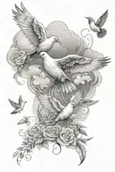 “Let all that you do be done in love" - 1 Corinthians 16:14. Clouds, doves, crosses, fishes  tattoo design idea