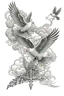 “Let all that you do be done in love" - 1 Corinthians 16:14. Clouds, doves, crosses, fishes  tattoo design idea