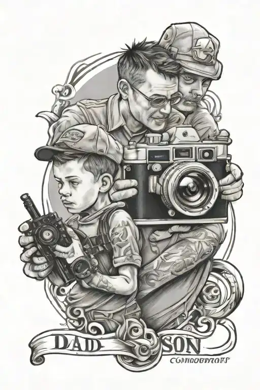 dad and son with a cam photography camera  tattoo design idea