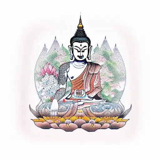 nature of thailand, buddhist statue, half sleeve from elbow to wrist tattoo design idea