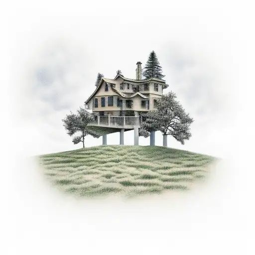 hill with house and 6 cypress trees tattoo design idea