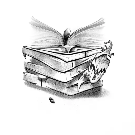 stack of books with fantasy  tattoo design idea