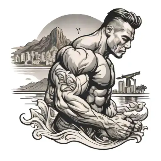 Design a vacation-themed tattoo featuring a bodybuilder flexing on the beach with the skyline of Rio de Janeiro in the background tattoo design idea