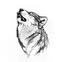 Wolf howling at the moon, sitting on a cliff, while the sea waves crash against the rocks. in front of the wolf, at the  tattoo design idea