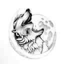 Wolf howling at the moon, sitting on a cliff, while the sea waves crash against the rocks. in front of the wolf, at the  tattoo design idea