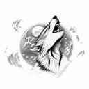 Wolf howling at the moon, sitting on a cliff, while the sea waves crash against the rocks. in front of the wolf, at the  tattoo design idea