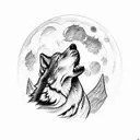 Wolf howling at the moon, sitting on a cliff, while the sea waves crash against the rocks. in front of the wolf, at the  tattoo design idea