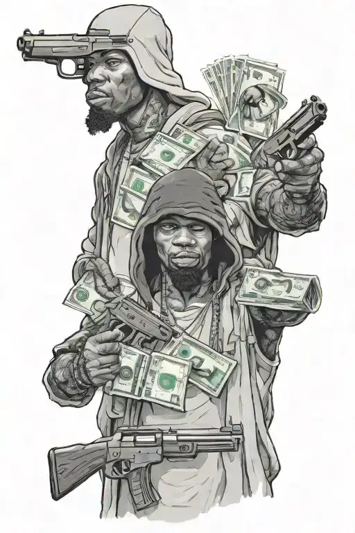 hood gang holding guns money drugs tattoo design idea