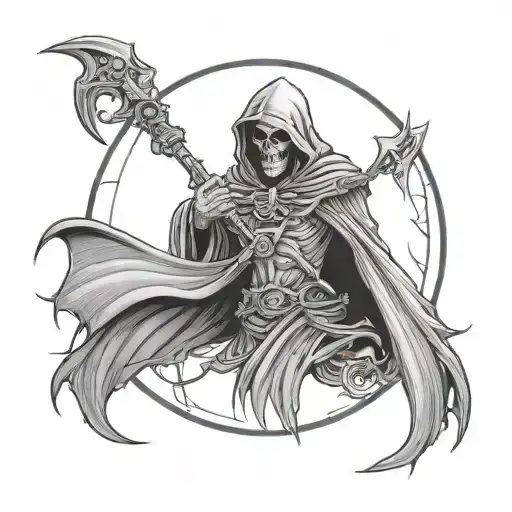 winged grim reaper wings create a circle holding a Thrudark trident  tattoo design idea