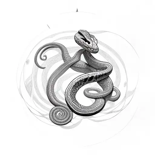 A snake coiling around a music note with planetary rings tattoo design idea