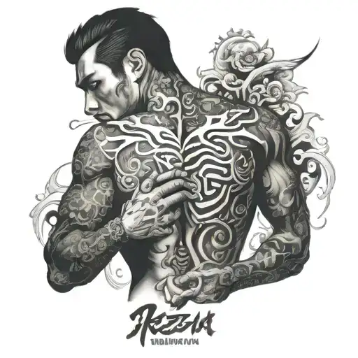 right pectoral and full sleeve tattoo featuring the struggle between life and death, rage and love, yakuza style tattoo design idea