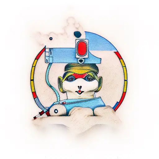 The wooden puppet is controlled by tapes of two audio cassettes that are placed above it tattoo design idea