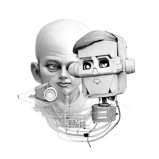 The wooden puppet is controlled by tapes of two audio cassettes that are placed above it tattoo design idea