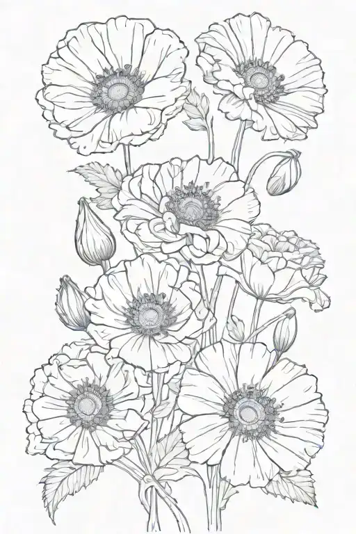 poppy, daisy, violet bouquet tattoo design idea
