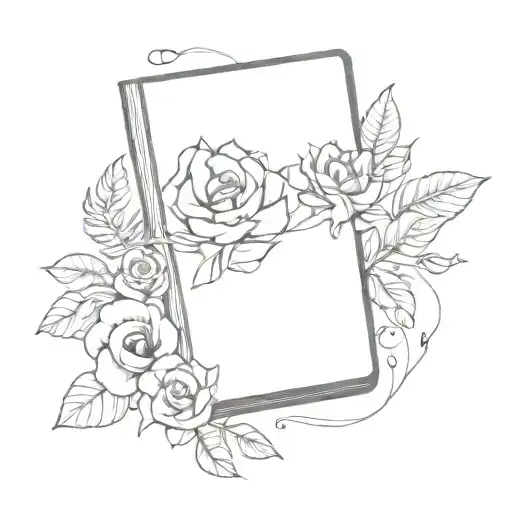 Book Surrounded By Bold Floral frame book in hands tattoo design idea