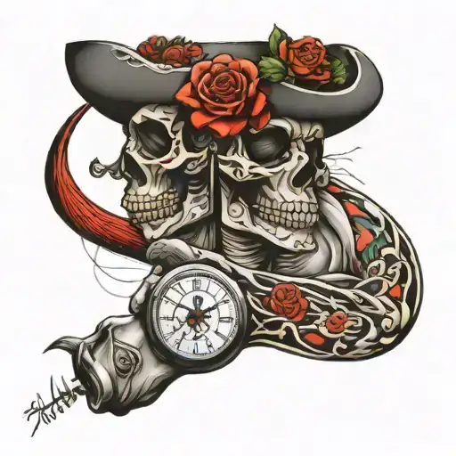 Jinete de la muerte en el triceps izquierdo con el caballo y el reloj de arena tattoo design idea