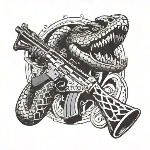 A stylized m4 rifle intertwined with a rattle snake, symbolizing protection and strength tattoo design idea