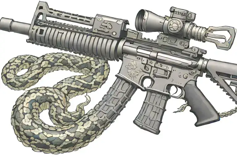 snake AR 15  rifle with rattle snake coiled around with snake head showing tattoo design idea